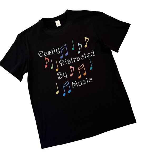 Graphic T Shirt Size M Easily Distracted By Music Black Music Note Tee - Picture 4 of 7